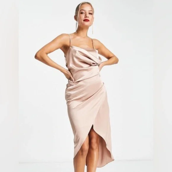 asos champagne bridesmaid dress Spaghetti Straps Cowl Neck Tea-Length Champagne Sheath Bridesmaid Dress, Champagne / 2